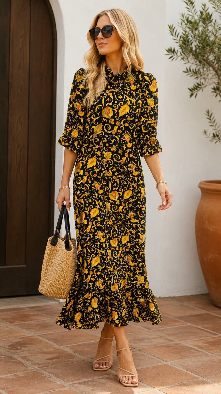 RHODE Golden Yellow Vintage Style Print Puff Shoulder Felix Fit & Flare Dress 10